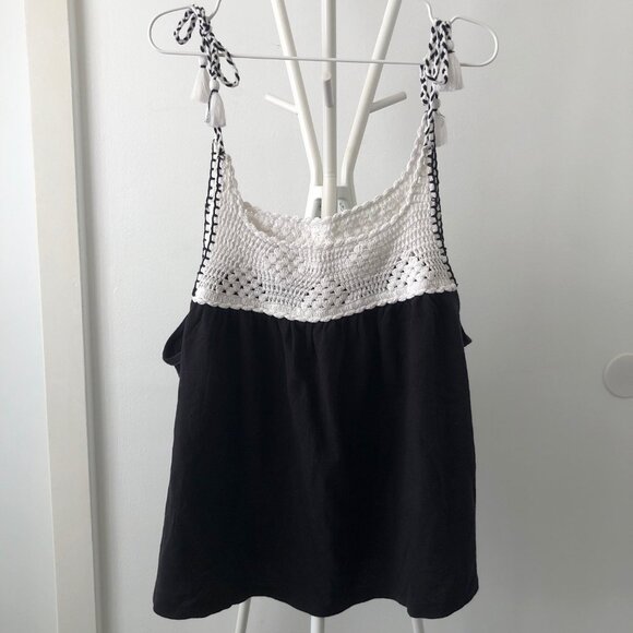 LUCKY BRAND BOHO CROCHET SWING TANK BLACK & WHITE TASSEL TIES SIZE XL NWOT - Picture 2 of 8